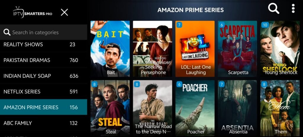 IPTV player home screen showing Seeking Persephone 2026 in the British Series category